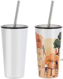 NEW!!! Sublimation Blanks Tumbler 16 OZ Stainless Steel White Coffee Travel Tumbler with Metal Straw and Lid,Sublimation SEAWAY RRF12393