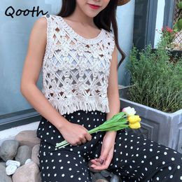 Qooth All-match Knitted Hollow Lace Vest Vacation Style O-Neck Sleeveless Bohemian Tank Tops Straight Loose Sweet Tops QT705 210518