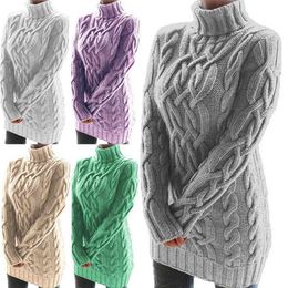 Women Autumn Winter Turtleneck Long Sleeve Sweater Dress Solid Slim Fall Warm Grey Pullover Female Mini Twist Knitted 210507