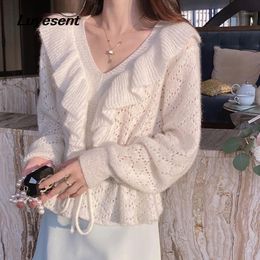 Women's Sweaters White Sweet Girl Pullover V Neck Sweater Autumn Lady Ruffles Hollow Out Loose Pull Knitted Top Korean Fashion Clothes