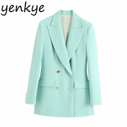 Double Breasted Women Blazer Solid Colour Notched Collar Long Sleeve Outerwear Work Wear Office Elegant Suit Plus Size Blazers 210514