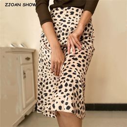 Retro High Waist Leopard Print Satin Skirt like Silk Summer Women Elastic Mid Long A-line Skirts Femme 220224