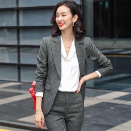 High Quality Autumn and Winter Business Women's Suit Two-piece Fashion Striped Ladies Jacket Casual Pants Office Work Clothes 210527