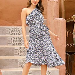 Women's Printed Sexy One Shoulder Summer Dress Asymmetric Strapless A-line Beach Ruffles Casual Woman Vestidos Swimwear