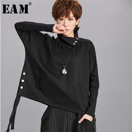 [EAM] Loose Fit Black Ribbon Split Sweatshirt High Collar Long Sleeve Women Big Size Fashion Spring Autumn OA879 210809