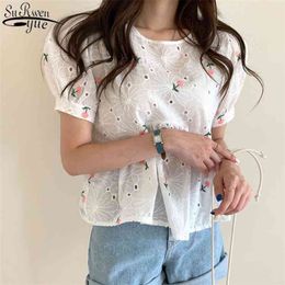 Chic Stylish Embroidered Hook-up Short Sleeve Shirt Women Hollow Out Blouse Vintage Shirts Fashion Blouses 13650 210427
