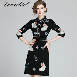 Spring Vintage Floral Luxury Embroidery Women Autumn Black Wrist Sleeve Turn Down Collar Office Knee Length Dress 210416