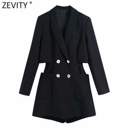 Zevity Women Vintage Double Breasted Suits Style Chic Playsuits Office Lady Business Shorts Siamese Brand Rompers P1011 210603