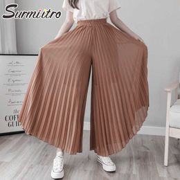 SURMIITRO Spring Summer Pleated Wide Leg Pants Women Casual Ladies Chiifon Korean Style High Waist Long Trousers Female 210712