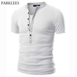 White Henley T Shirt Men Summer Mens V Neck Short Sleeve Tee Homme Casual Slim Fit Button Design T-shirts XXL 210629