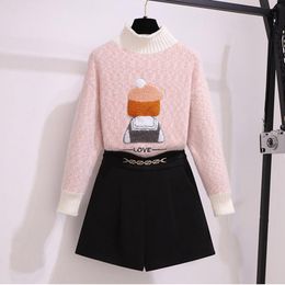 Women's Tracksuits Autumn Winter Casual Two Piece Set Fashion Sweet Warm Pullover Knitted Sweater Top + Black Shorts Clothes