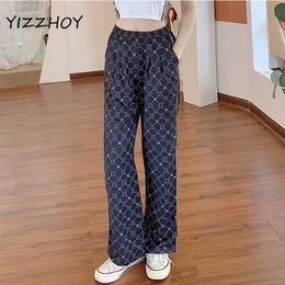 YIZZHOY New Spring Summer Female High Street Loose Casual Wide Leg Pants Women Fashion Print Elastic High Waist Pants Q0801