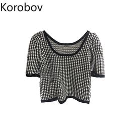Korobov Korean Chic Square Collar Women T Shirts Vintage Elegant Short Sleeve Crop Tee Tops Streetwear Sexy Plaid T Shirt 210430