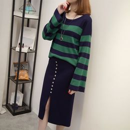 In Stock Good Quality Women Knitted Stripe T-shirt And Split Skirt Sets Autumn Female Sweater Tops Dress Suits Outifit 210428