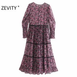 Women Vintage O Neck Flower Print Patchwork Chiffon Midi Dress Female Pleats Puff Sleeve Casual Slim Party Vestido DS4606 210420