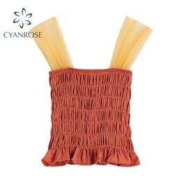 Mesh Strap Crop Skinny Tanks Tops Women Sexy Elegant Draped Design Chic Korean Short Camisole Ladies Club Bar Chest Wrapping Top 210515