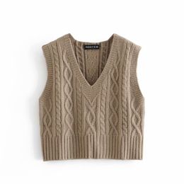 Vintage Woman Camel Knitted V Neck Vest Fashion Ladies Autumn Soft Sleeveless Sweaters Female Casual Solid Colour Tops 210515