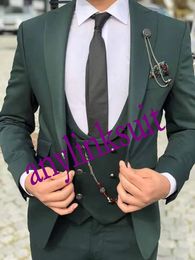 Fashion One Button Dark Green Groom Tuxedos Peak Lapel Wedding/Prom/Dinner Groomsmen Men Suits Blazer (Jacket+Pants+Vest+Tie) W1440