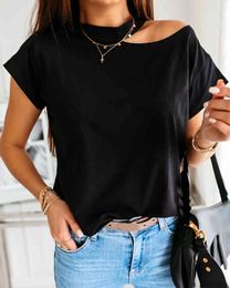 Women Summer Elegant Solid Cold Shoulder Short Sleeve Casual T-shirt Lady Sexy Oversize Streetwear Top 210415