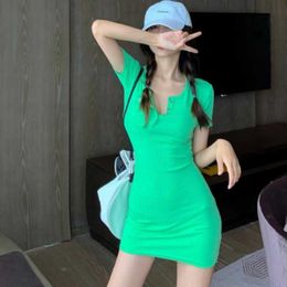 WOMENGAGA Summer Tops Slim T Shirt Mini Dress Short Green Sleeve Knitting Women's Dresses Orange Girl Female OX62 210603