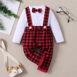 Pudcoco 0-18m 2pcs Christmas Newborn Kids Infant Toddler Gentlemen Boys Bowknot Pullover Tops+red Plaid Print Costumes Sets G1023