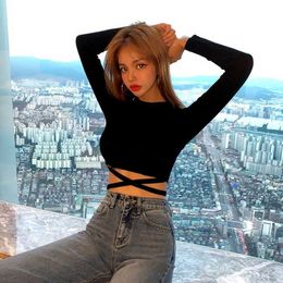 Fashion High Street Black Long-Sleeved Crop Top Short High-Waisted T-Shirt Jazz Dance Clothes Spring And Autumn 210604