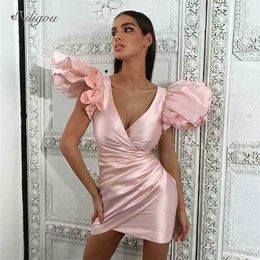 Fashion Solid Color Sexy V-neck Short Sleeve Mini Ruffled Corset Dress Women's Party Christmas Vestido 210525