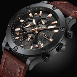 CRRJU Fashion Watch Men Design Chronograph Big Face Quartz Wristwatches Men's Outdoor Sports Leather Watches orologio uomo 210517