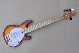 5 Strings Sunburst body Electric Bass guitar with White pearl Pickguard,Maple Fretboard,Active pickups