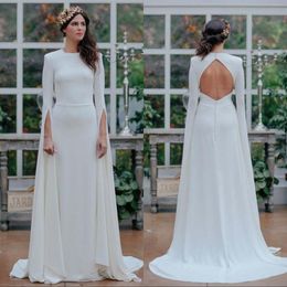 2021 Beach Wedding Dresses Bridal Gown Long Sleeves Jewel Neck Sexy Hollow Covered Buttons Back Sweep Train Chiffon Plus Size vestidos de novia