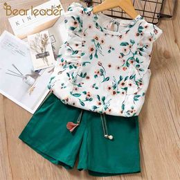 Girls Sets Summer Casual Girl Clothes Floral Kids Sleeveless T-shirt+Solid Shorts Children Clothing 3 7Y 210429