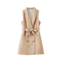 Elegant Women Double-breasted Khaki Vest Spring Autumn Slim With Belt Medium Long Sleeveless Waistcoat Ladies Outwear 210525