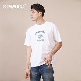 SIMWOOD Summer New 100% Cotton 250g Thick Fabric T-shirt Men Letter Print Loose Drop Shoulder Tshirt Casual Tops SK170161 210409