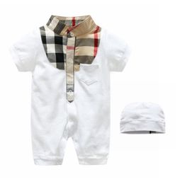 Summer Baby Plaid Rompers With Hats Infant Boys Girls Short Sleeve Jumpsuits Toddler Newborns Onesies Kids Romper 0-24 Months