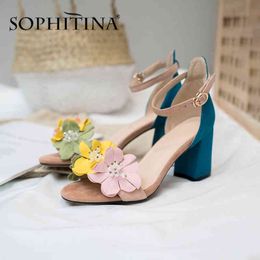 SOPHITINA Flower Women's Sandals High Quality Kid Suede Buckle Comfortable Square Heels Shoes Sweet Wedding Sandals PO563 210513