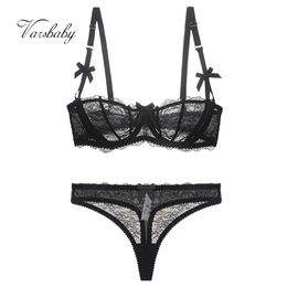 Varsbaby Women's Sexy Lace Transparent 1/2 Cup Lingerie Set Unlined Bras+Thongs Bra Set ABCD Cup 211104