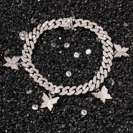 New Fashion Charm 9mm Cuban Bracelet with Butterfly Mini Ankle Pink Cz Punk Miami Link Bling Hip Hop Jewelry Gift for Women and Men