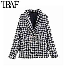 Women Tops Vintage Houndstooth Double Breasted Blazer Coat Fashion Long Sleeve Frayed Trims Outerwear Chic Plaid Jacket 210507