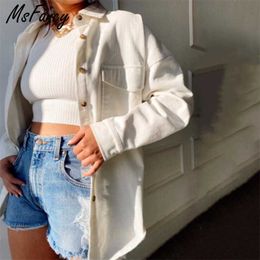 Msfancy Corduroy Shirt Coat Women White Long Sleeve Single Breasted Coat Mujer Vintage Jacket Streetwear 211109