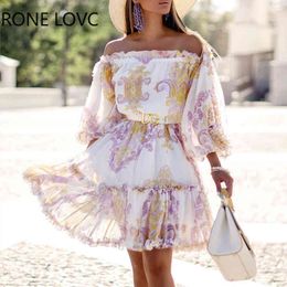 Women Long Sleeves Print Off Shoulder Ruffles Dress Elegant Fashion Chic Party Dress X0521