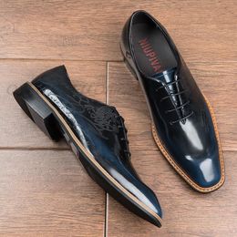 Black Dark Blue Genuine Leather Men Oxfords Shoes Fashion Casual Square Head Lace Up Formal Business Male Wedding Dress Shoes