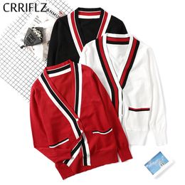 sweater jacket women autumn style V-neck long-sleeved Korean college knit striped contrast cardigan 210520