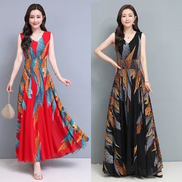 summer fashion Elegant temperament women sleeveless Chiffon Midi Dresses Print Vintage Vestidos 210531