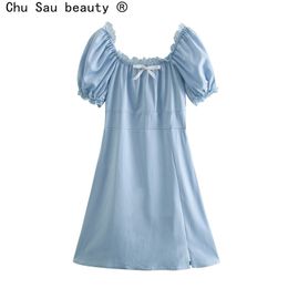 Summer Retro Square Neck Puff Sleeve Blue Lace-up Waist Dress Stitching Bow Ladies Skirt Holiday Style Chic Vintage 210508