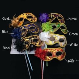 Party Mask Mens Women Halloween Venetian Masquerade Handheld Masks Party Feather Floral Sexy Carnival Prom Masks Mixed Colours RRE13163