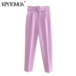 KPYTOMOA Women Chic Fashion High Waist With Belt Pants Vintage Zipper Fly Pockets Office Wear Female Ankle Trousers Mujer 210915