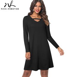 Nice-forever Spring Women Classic Black Colour Dresses Casual Oversized Shift Stright Dress btyT024 210419