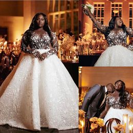 Plus Size Wedding Dress Lace Appliques Sheer Neck Jewel Beading Bridal Gowns Floor Length African Robe de mariee
