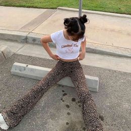 Y2K Style Women Pants High Waist Flare Sweatpants Leopard Print Joggers Female Double Layer Mesh E Girl Trousers Streetwear 210515