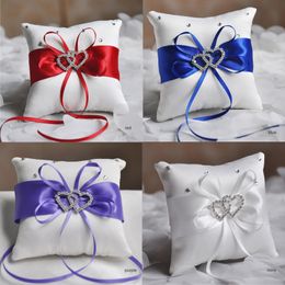 European Wedding Decor Ring Pillow Double Heart White Red Blue Handmade Ribbon Bowknot Rhinestone Party Supplies